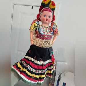 Unique vintage folk art bohemian European Hungarian girl doll 22 inches